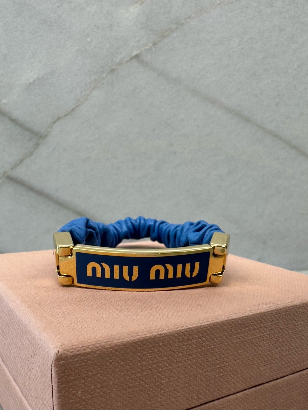 Miu Miu Blue Nappa Leather and Metal Logo Bracelet